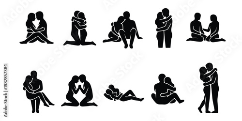 Romantic couple silhouette icons, set of 10 vector elements showing lovers hugging and cuddling, intimate man and woman in various poses