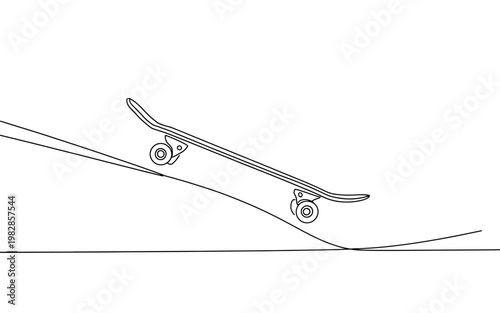 A skateboard is performing a trick on a ramp in a minimalist line drawing
