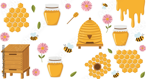 Beekeeping and Honey Production Illustration Set Featuring Beehive, Honeycomb, Bees, Jars, and Floral Elements for Natural Food and Agriculture Concepts in Flat Vector Style.