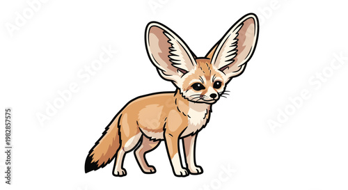 Adorable full-body illustration of a small fennec fox standing alertly with oversized pointed ears and a thick bushy tail against a plain white background.