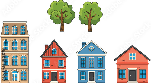 Cartoon Houses and Trees Illustration Set Featuring Residential Buildings, Suburban Homes, Green Nature Elements, and Simple Architecture for Real Estate and Landscape Design.