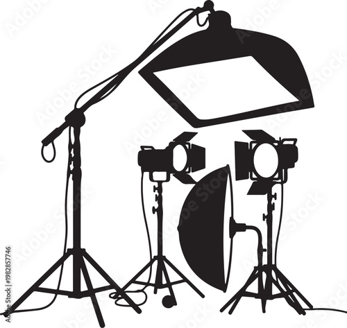 Studio lighting equipment, photography lights, black silhouette, vector icons, filmmaking tools