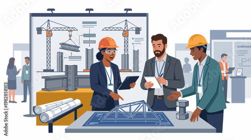 Illustration of construction professionals discussing steel erection and structural design at a SEAA conference with a presentation on building construction and engineering in the