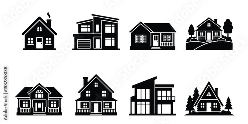 Modern house icons set, black silhouette residential building vector collection, 8 real estate property symbols for architectural design and web maps
