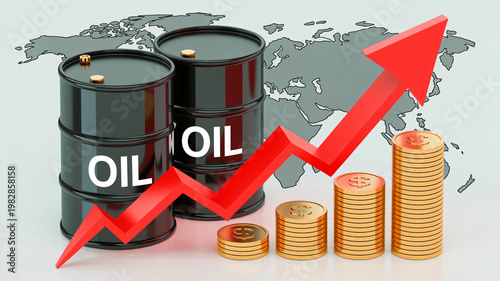 An illustration of oil barrels and coins with a rising red arrow indicating increasing oil prices and financial growth