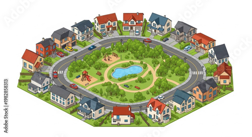 Aerial view of a suburban neighborhood cul-de-sac with houses surrounding a park.