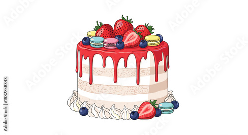 A sophisticated layered cake showcases a dramatic red glaze drip and is lavishly adorned with fresh strawberries, blueberries, and miniature pastel macarons.