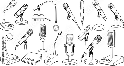 Black and White Line Art Set of Various Microphones. Hand Drawn Audio Technology and Communication Devices Collection for Recording, Broadcasting, and Public Speaking Equipment.