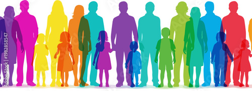 Colorful crowd silhouette of diverse people and children, vibrant community group vector, multiethnic society and family unity concept