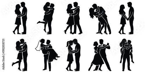 Romantic couple silhouettes set, collection of 10 vector icons featuring lovers hugging and kissing, wedding and dating concept graphics
