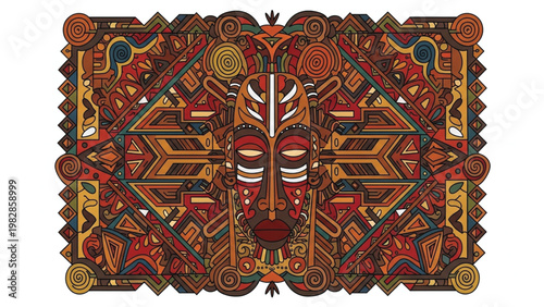 Vibrant African tribal mask design with intricate patterns isolated on white background.