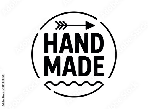 A black and white logo with the words 'hand made' in a circular design