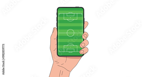 Hand holds a modern black smartphone vertically displaying a vibrant green soccer pitch with precise white markings for a sports gaming application concept.