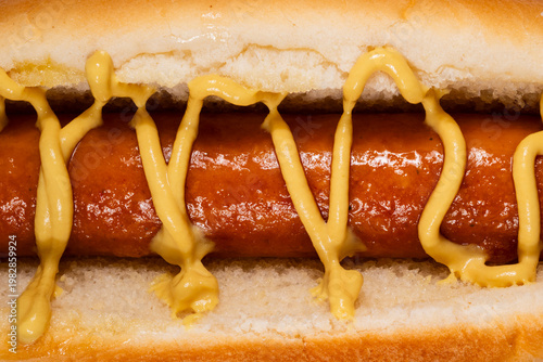 Delicious sausage sandwich with mustard topping