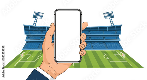 Hand wearing a dark suit sleeve holds a vertical smartphone with a blank white screen positioned before a professional soccer stadium and floodlights.