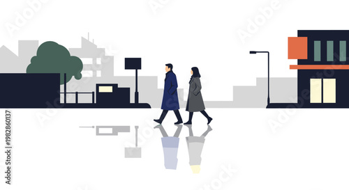 A man wearing a dark blue coat and a woman in a grey coat walk together across a wet reflective city street during a quiet and overcast grey afternoon.
