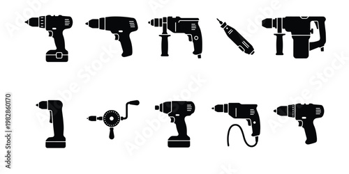 Industrial power drill silhouettes, set of 10 electric hand tool icons, professional construction equipment vectors for hardware store branding