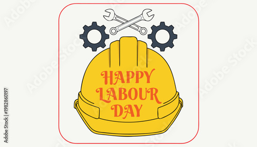 Happy labour day celebrating workers with construction helmet tools illustration