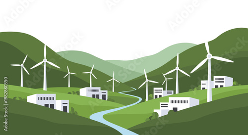 Numerous white wind turbines generate clean energy across rolling green hills featuring a winding blue river and modern sustainable industrial facility buildings.