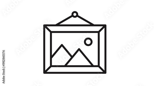 Framed landscape picture icon vector illustration, minimalist black line art symbol of a hanging wall art frame with mountains and sun, scalable graphic for interior design and gallery apps.
