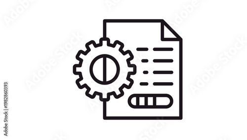 Black line vector icon of a document with a gear and progress bar, symbolizing data processing, system configuration, file management, automation, and technical documentation on white background.