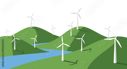 Numerous sleek white wind turbines stand gracefully atop vibrant green rolling hills beside a winding blue river under a pristine and bright white sky.