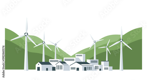 Sustainable industrial complex features a cluster of white buildings and large wind turbines situated against a backdrop of layered green hills and white sky.