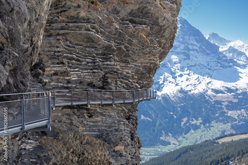 View of Grindelwald First Cliff Walk. Gorgeous picturesque location, First named mountain station