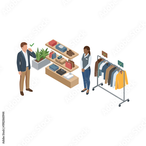 Two people interact in a store with clothing and accessories on display