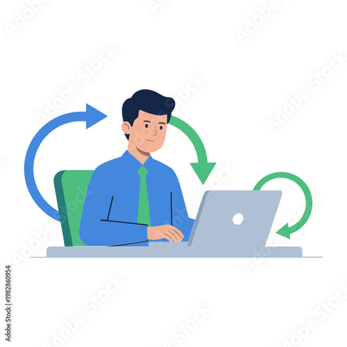 Man sitting at desk working on laptop with circular arrows