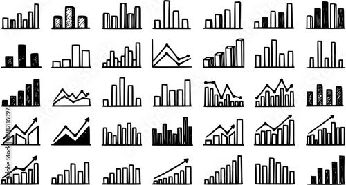 Hand-drawn infographic icons, black and white bar charts and line graphs, representing financial data and growth, stock vector