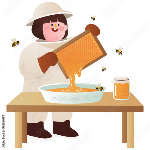 Butterfly and Bees Illustration. Vector illustration of Beekeeper harvesting honey from honeycomb into container Isolated on background