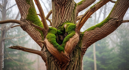 Vibrant green parrot nestled in moss-covered tree hollow during spring forest scene