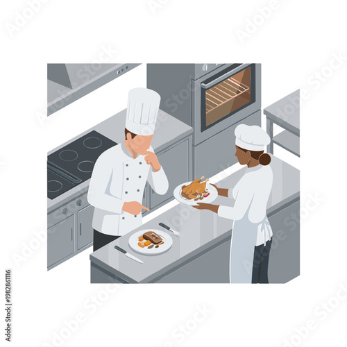 Two chefs preparing food in a modern kitchen environment together