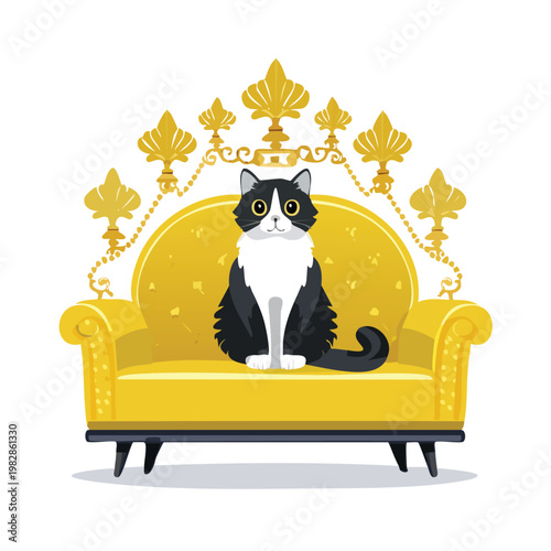 Cartoon cat sits on a golden throne with crown elements illustration
