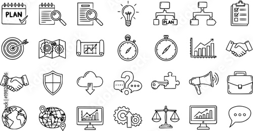 Business Strategy Icons: Planning, Analysis, Collaboration, and Growth in Line Art Style
