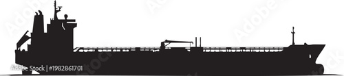 A silhouette of a large cargo ship with cranes and containers on deck