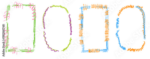 Simple hand drawn lines with pastel colors and scribble texture. Crayon kindergarten frame set for baby cards, school use and playful layouts.