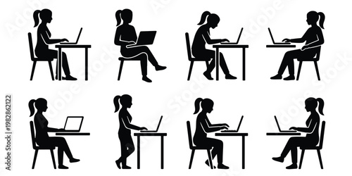 Woman working on laptop silhouette icons, set of 8 female office worker postures, business woman sitting at desk with computer vector
