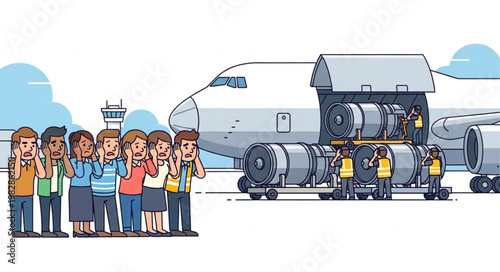 Airplane Engine Loading Process with Passengers Watching.