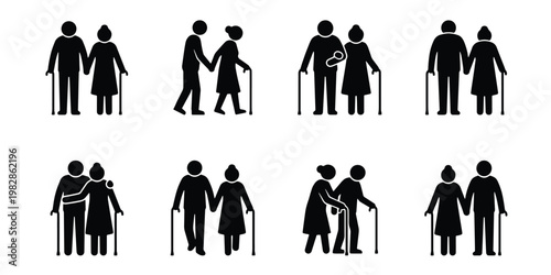 Elderly couple silhouette icons set, senior people walking with canes and walkers, 8 black vector pictograms of aged man and woman for healthcare