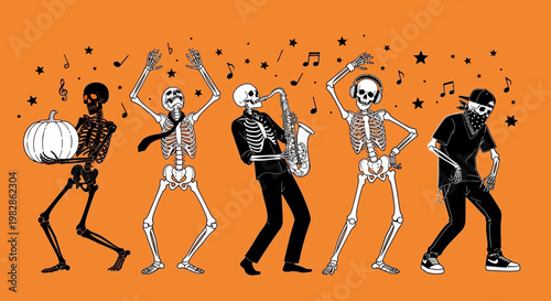 Skeletons dance energetically with a pumpkin in a lively Halloween scene