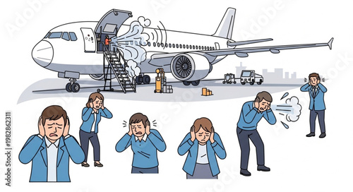 Airplane engine maintenance with people covering ears from noise.