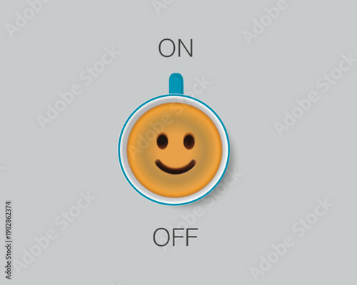 Latte art coffee with an on/off switch design. Top view of a coffee cup featuring a smile pattern. Concept of beverages, coffee shops, menus, work, and barista culture.