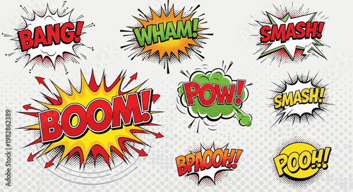 Comic book explosion and crash sound effects in vibrant colors displayed.