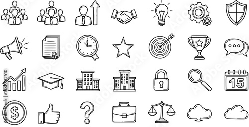 Hand-drawn Black and White Line Art Business and Management Icons Set - Finance, Marketing, Education, Communication, Growth, and Teamwork Concepts