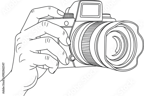 Continuous Line Art Hand Holding Camera – Photography Equipment Close Up, Minimal One Line Drawing Vector Illustration