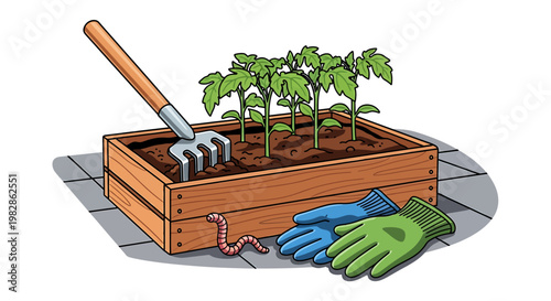 Illustration of a wooden raised garden bed with young tomato plants, gardening tools, and a worm on a stone surface