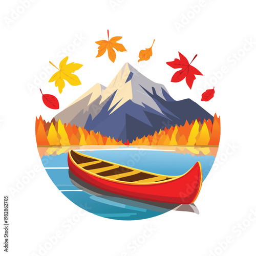 Autumn landscape scene with mountain lake canoes and colorful foliage vector