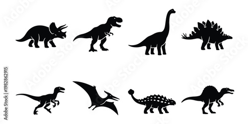 Dinosaur silhouette collection with 8 vector icons, prehistoric animal shapes including T-Rex and Triceratops, black dinosaur silhouettes for educational design